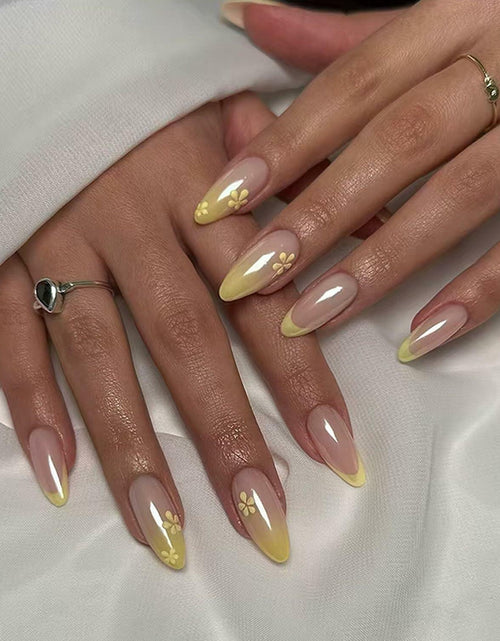 Load image into Gallery viewer, Almond Press On Nails Medium Glossy Flower French Tip Fake Nails 24pcs
