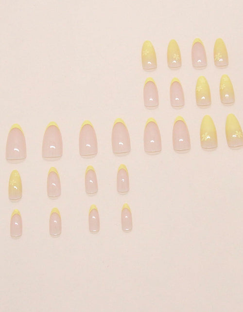 Load image into Gallery viewer, Almond Press On Nails Medium Glossy Flower French Tip Fake Nails 24pcs
