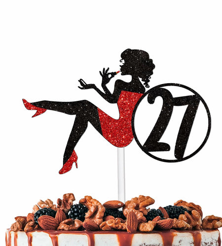 HEYUWING Red Silhouette Glitter Lipstick 33 Girl Cake Topper Picks Paper