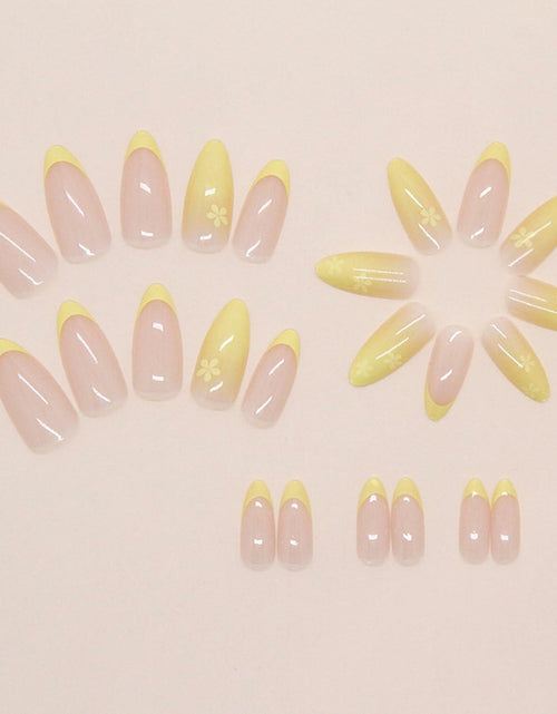 Load image into Gallery viewer, Almond Press On Nails Medium Glossy Flower French Tip Fake Nails 24pcs
