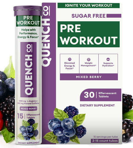 Quench Pre Workout Tablets Energy Focus Hydration Vegan 30ct EXP 04/2026