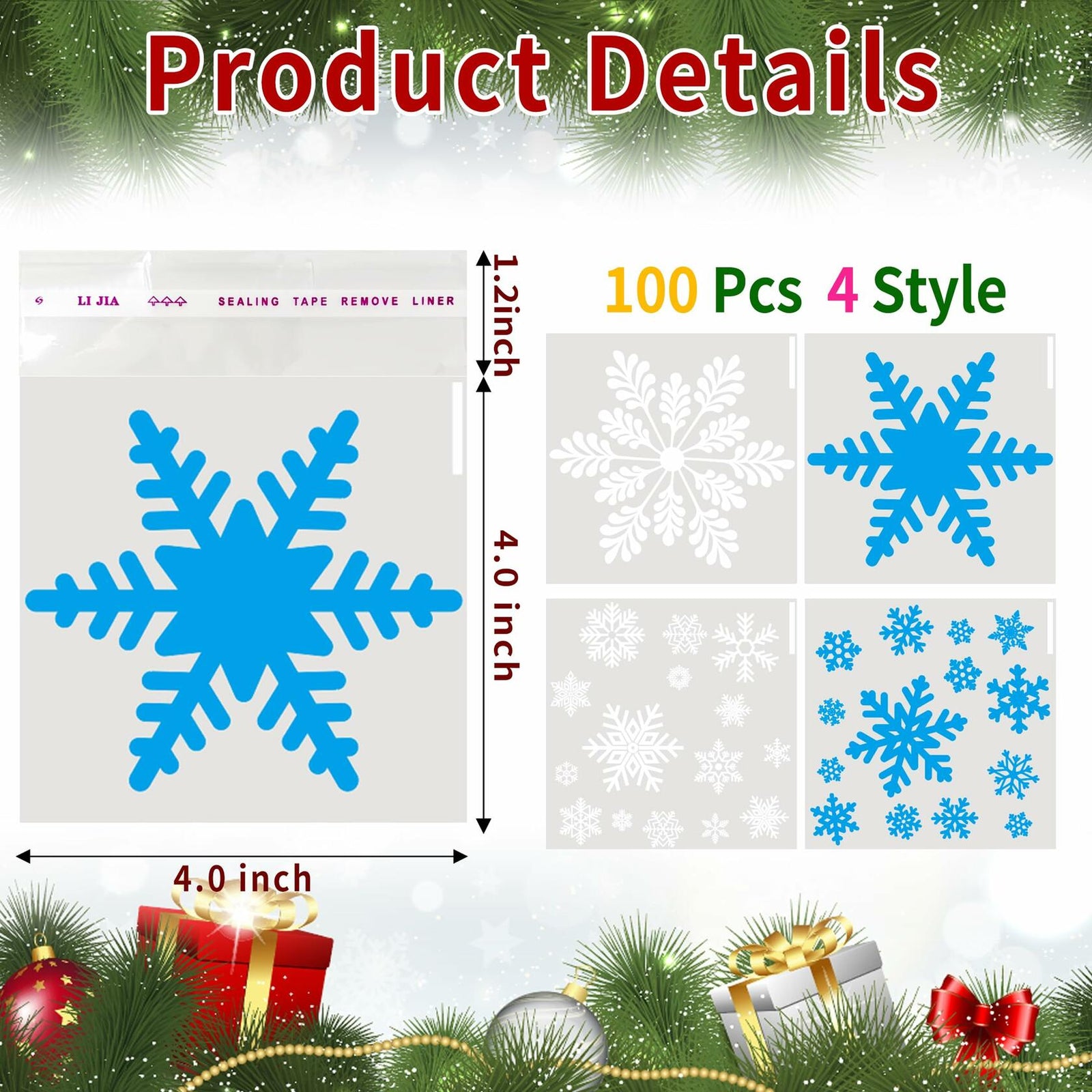 QOIUSO Christmas Cookie Bags 4x4 Inch Snowflake Design 100 Pcs Plastic