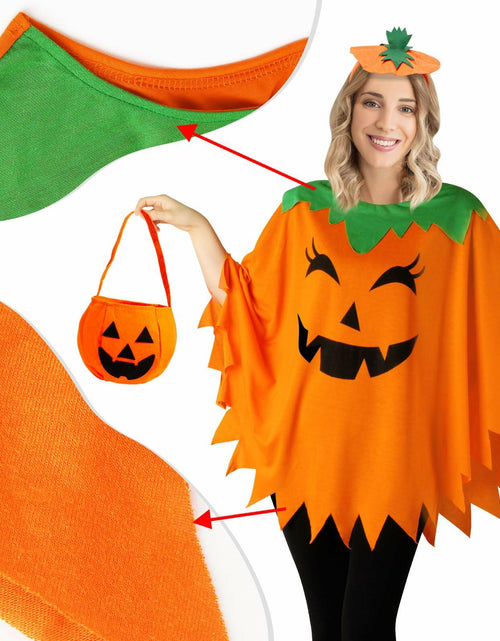 Load image into Gallery viewer, HEYFIZZ 3 PCS Pumpkin Costume Poncho Set Halloween Orange Size Adult
