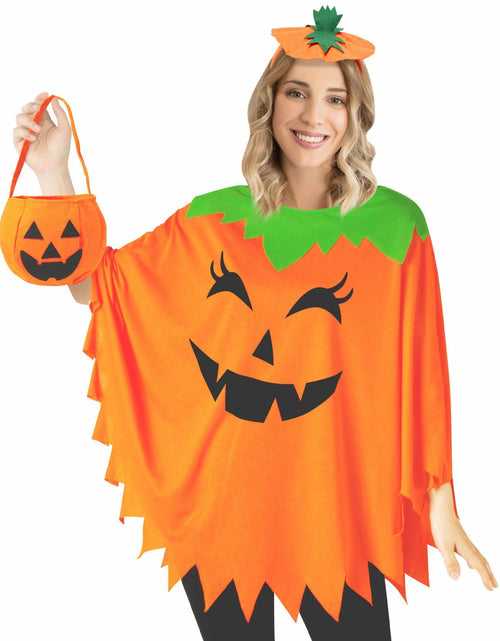 Load image into Gallery viewer, HEYFIZZ 3 PCS Pumpkin Costume Poncho Set Halloween Orange Size Adult
