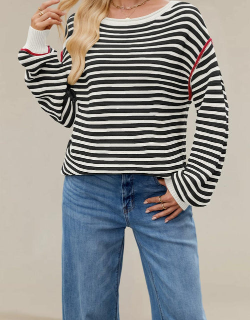 Load image into Gallery viewer, Koimcuiy Womens Striped Oversized Sweater Boat Neck Lightweight White&amp;White XL
