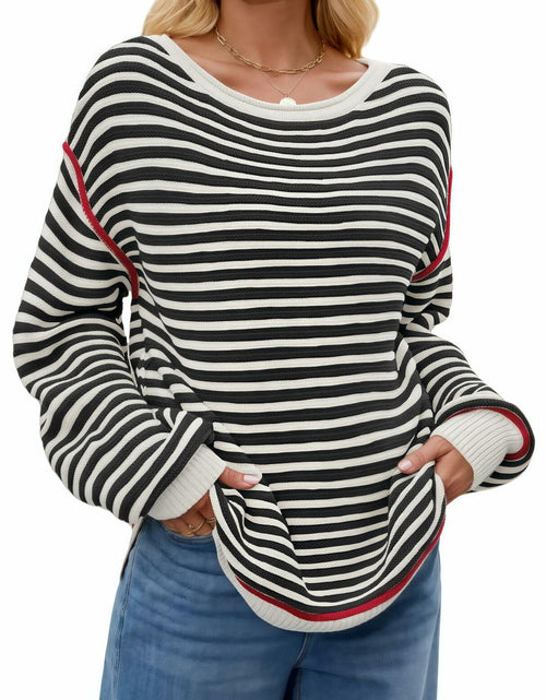 Load image into Gallery viewer, Koimcuiy Womens Striped Oversized Sweater Boat Neck Lightweight White&amp;White XL
