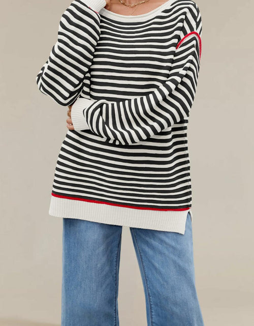 Load image into Gallery viewer, Koimcuiy Womens Striped Oversized Sweater Boat Neck Lightweight White&amp;White XL
