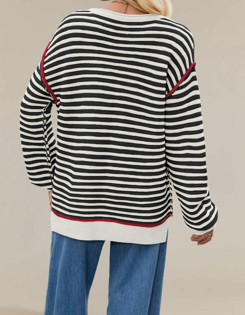 Load image into Gallery viewer, Koimcuiy Womens Striped Oversized Sweater Boat Neck Lightweight White&amp;White XL
