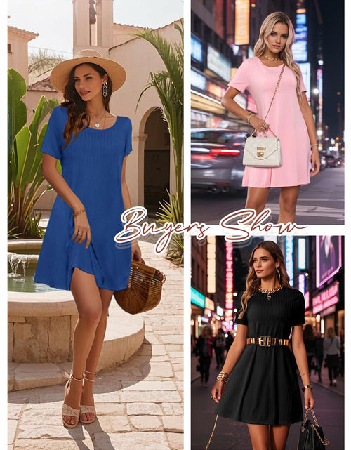 Load image into Gallery viewer, Anbech Black Mini Dress Casual Short Sleeve Flowy Sundress with Pockets Size L
