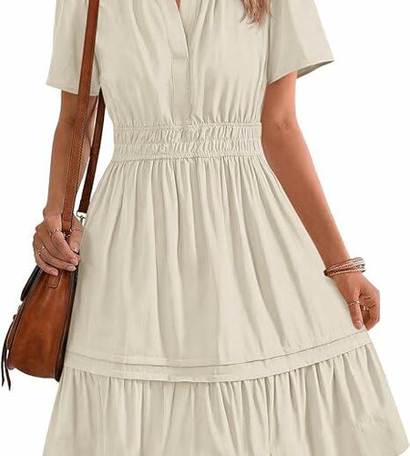 DRESSTELLS Womens Casual Ruffle V Neck Midi Dress Ivory Size M