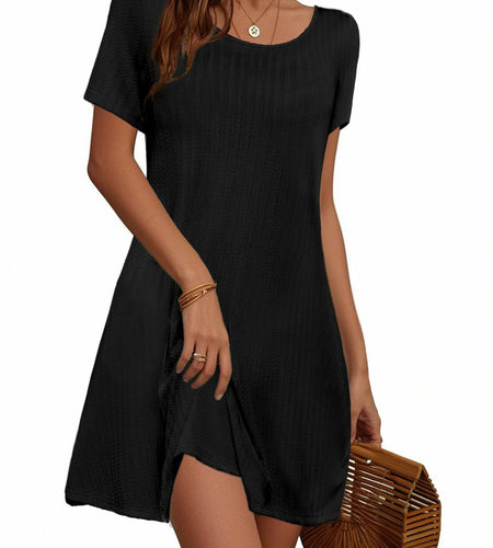 Anbech Black Mini Dress Casual Short Sleeve Flowy Sundress with Pockets Size L
