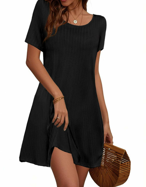 Load image into Gallery viewer, Anbech Black Mini Dress Casual Short Sleeve Flowy Sundress with Pockets Size L
