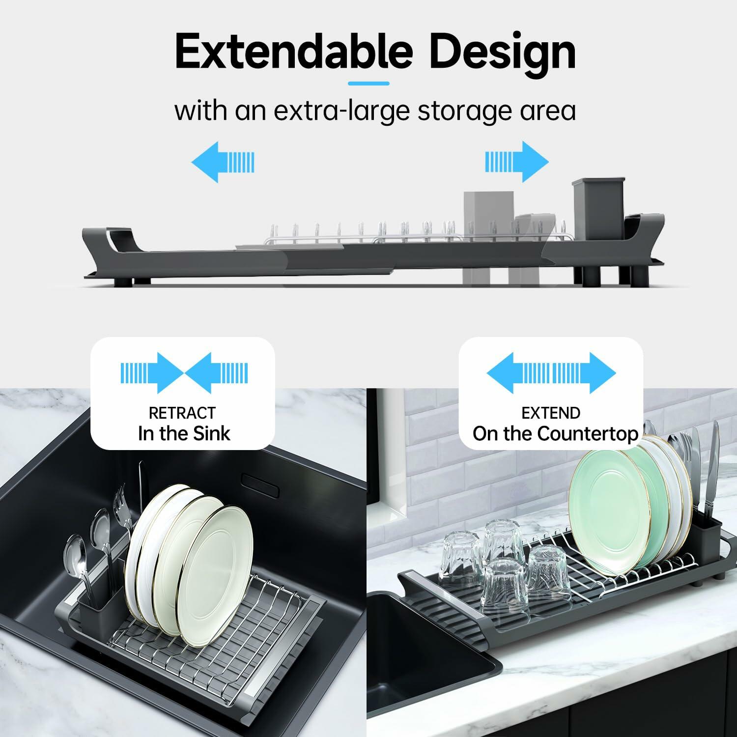 TOOCA BEAR Expandable Small Dish Drying Rack with Cutlery Holder Gray