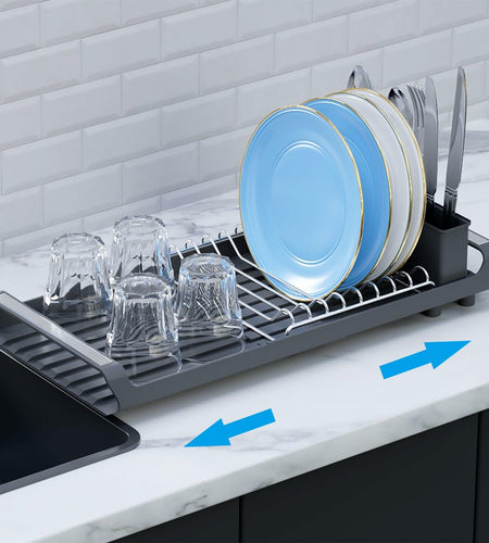 TOOCA BEAR Expandable Small Dish Drying Rack with Cutlery Holder Gray