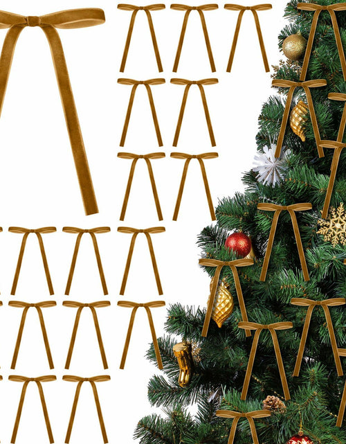 Load image into Gallery viewer, Glitinsel Khaki Velvet Bows Christmas Tree Ornaments 24 Pcs 5x7in
