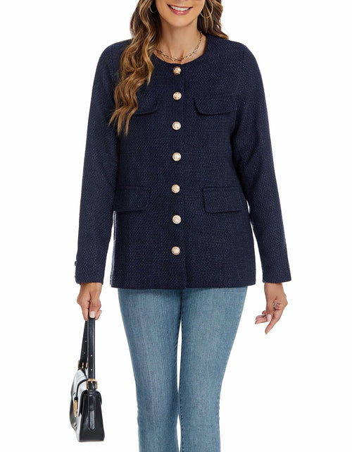 Load image into Gallery viewer, YEXPINE Women's Tweed Blazer Jacket Button Down Business Work Blue Size S
