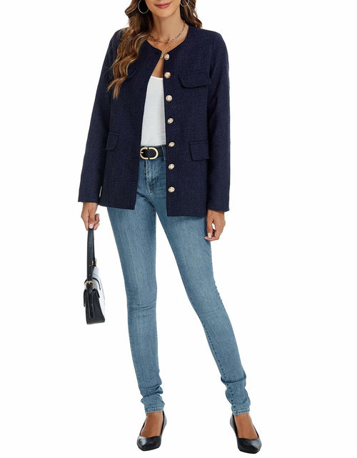 Load image into Gallery viewer, YEXPINE Women's Tweed Blazer Jacket Button Down Business Work Blue Size S
