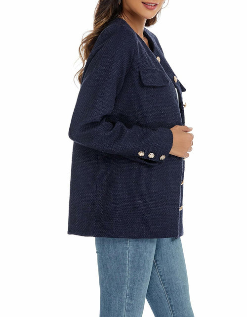 Load image into Gallery viewer, YEXPINE Women's Tweed Blazer Jacket Button Down Business Work Blue Size S
