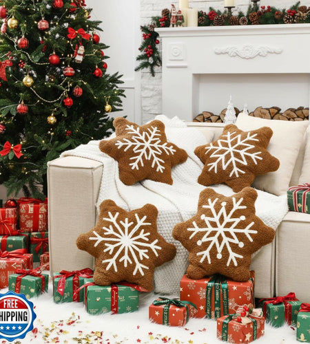 HunnmingRe 4 Pcs Christmas Snowflake Plush Throw Pillows Caramel Color