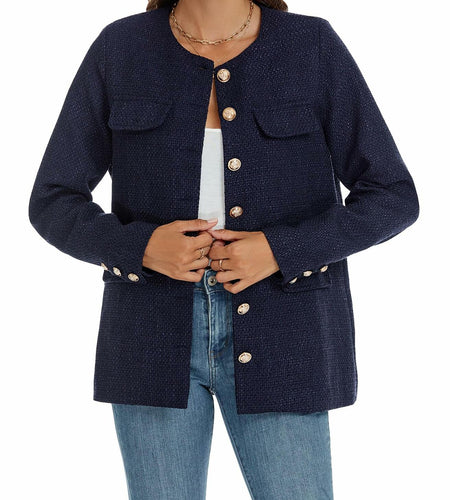 YEXPINE Women's Tweed Blazer Jacket Button Down Business Work Blue Size S
