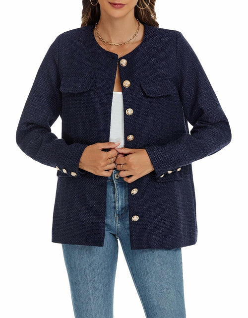 Load image into Gallery viewer, YEXPINE Women's Tweed Blazer Jacket Button Down Business Work Blue Size S
