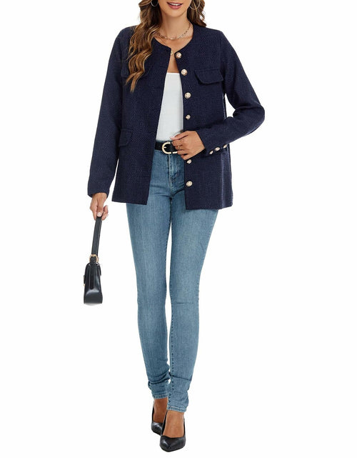 Load image into Gallery viewer, YEXPINE Women's Tweed Blazer Jacket Button Down Business Work Blue Size S
