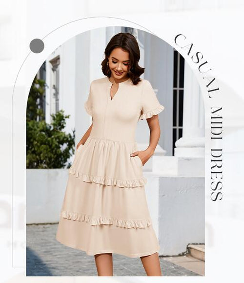 Load image into Gallery viewer, DRESSTELLS Womens Casual Ruffle V Neck Midi Dress Ivory Plus Size 2XL
