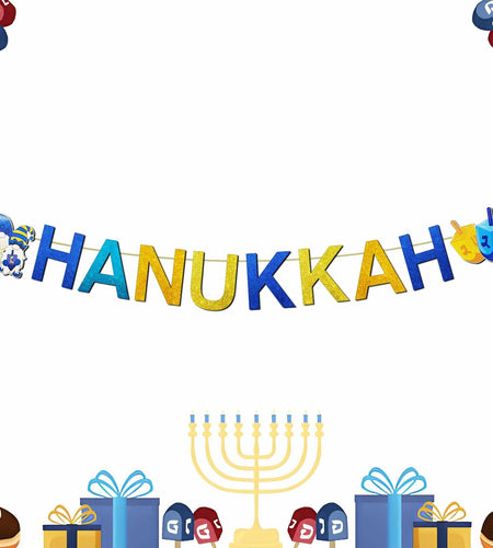 DONCIDAY Happy Hanukkah Glitter Banner Blue Paper Garland Party Decor