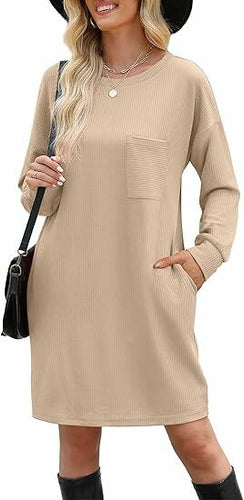 WIHOLL Women's Elegant Long Sleeve Mini Dress Khaki Size S
