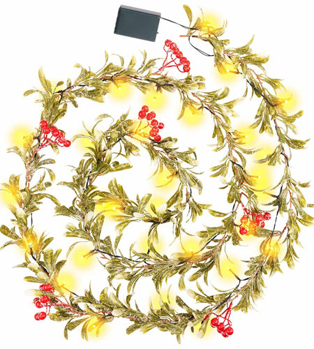 HUZIYAHAN 9FT Christmas Mistletoe Garland with 30 LED Lights Red Berry