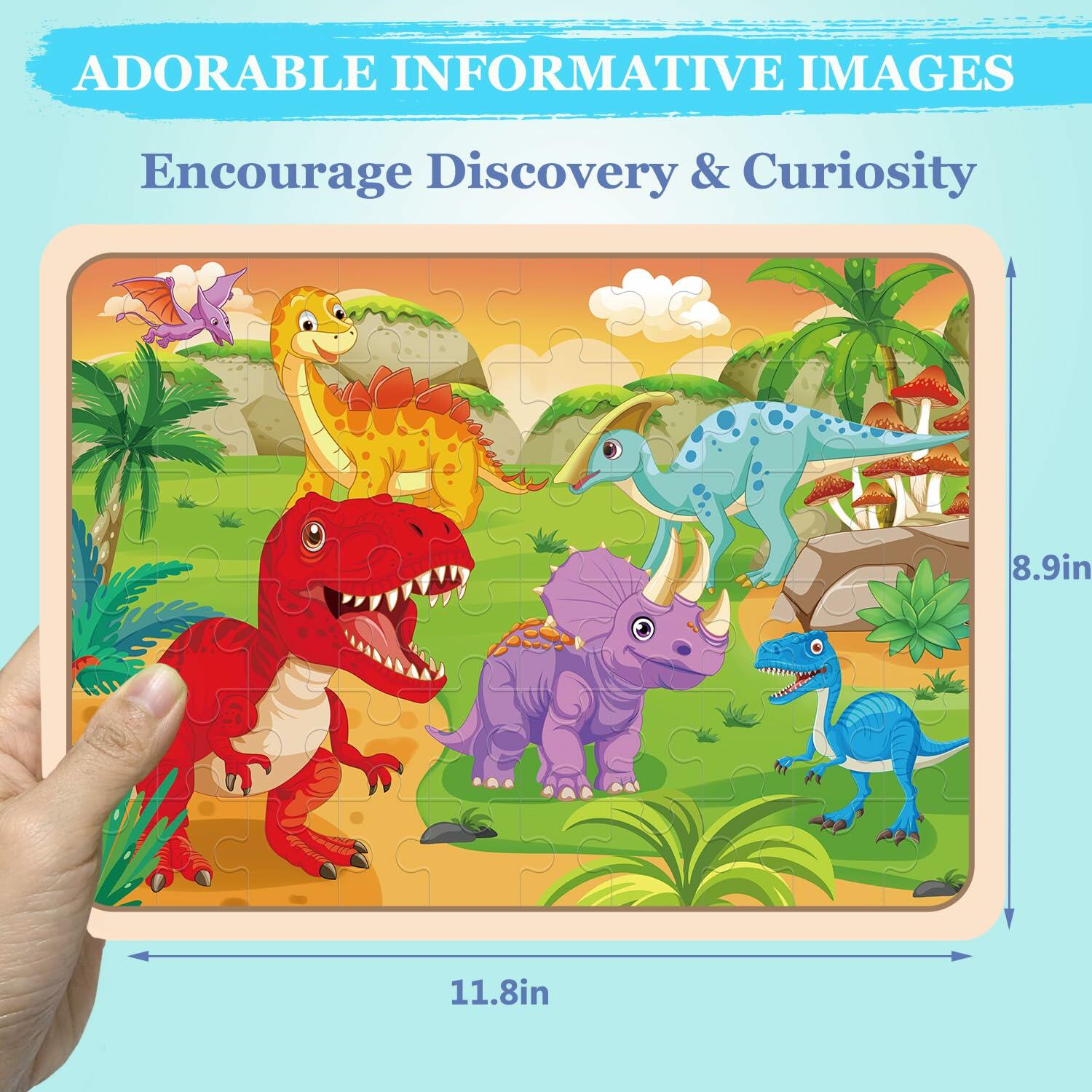RANSUNN Wooden Animal Dinosaur Jigsaw Puzzles 60 PCs 4 Packs Multicolor