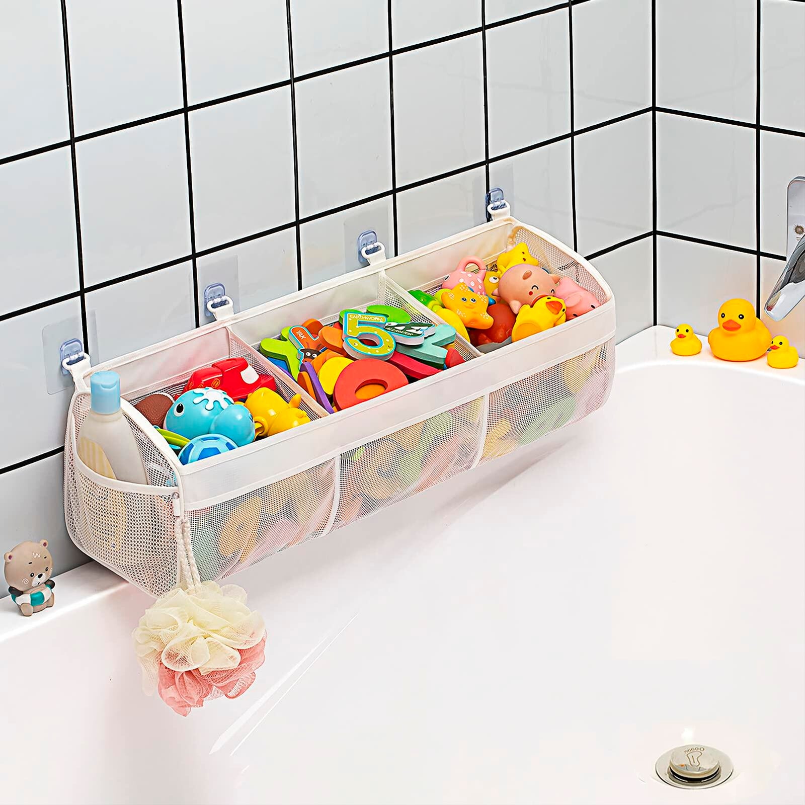 Austion 3 Compartment Horizontal Bath Toy Organizer Large White Mesh