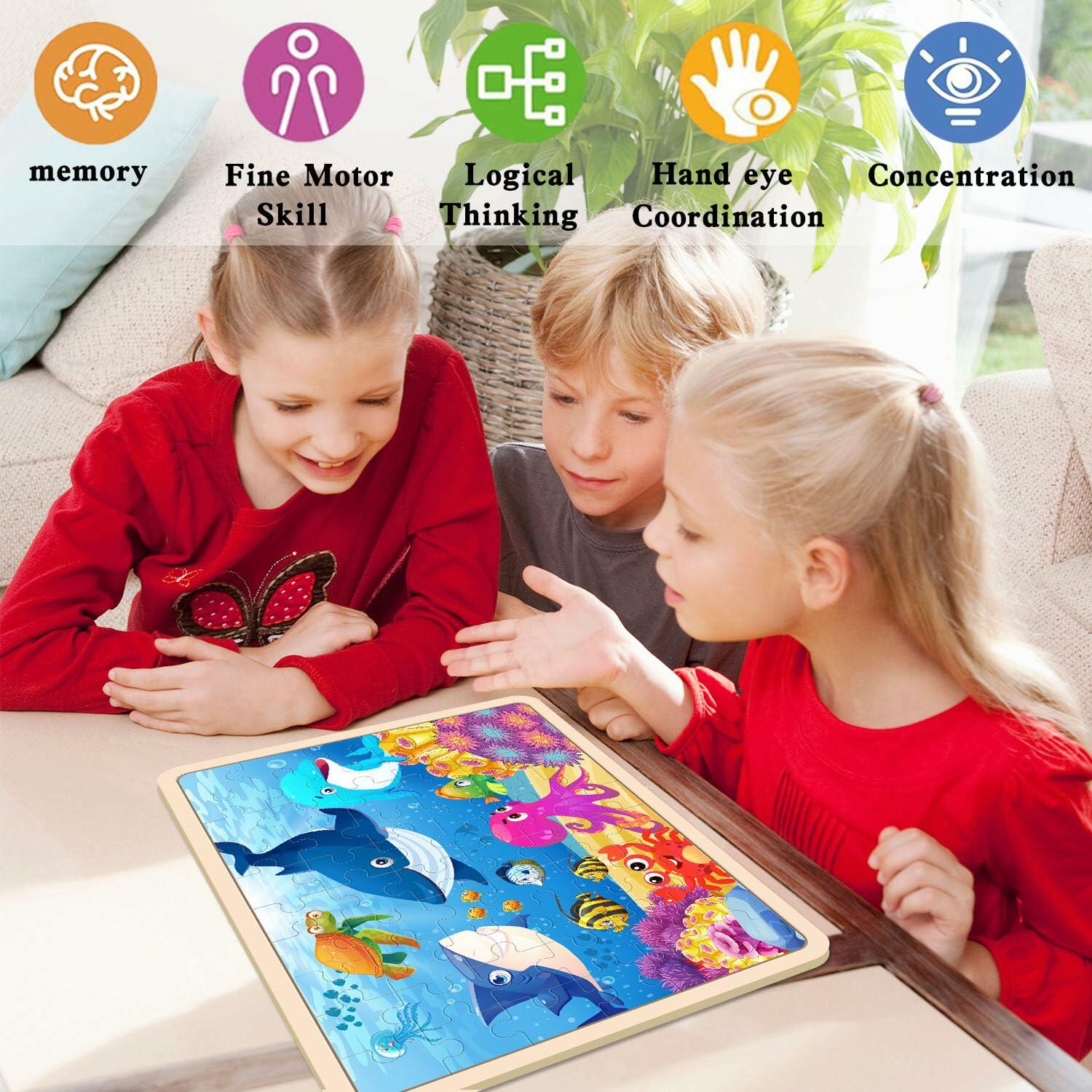 RANSUNN Wooden Animal Dinosaur Jigsaw Puzzles 60 PCs 4 Packs Multicolor