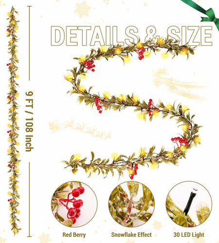 HUZIYAHAN 9FT Christmas Mistletoe Garland with 30 LED Lights Red Berry