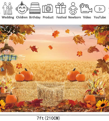 XCKALI Autumn Photography Background Thanksgiving Pumpkin Maple Leaf 7x5ft