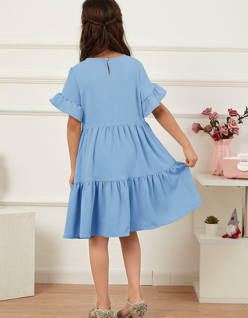 Load image into Gallery viewer, Geckatte Girls Summer Floral Ruffle Short Sleeve A-Line Dress Blue Size 5-6
