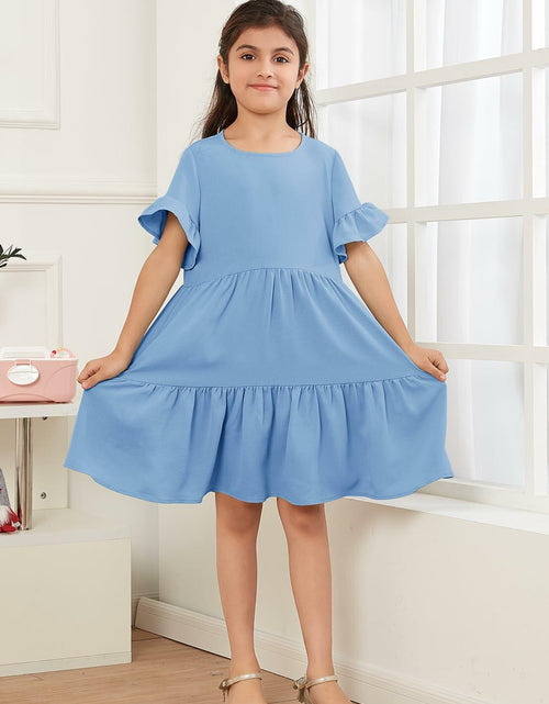 Load image into Gallery viewer, Geckatte Girls Summer Floral Ruffle Short Sleeve A-Line Dress Blue Size 5-6

