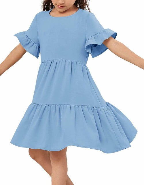 Load image into Gallery viewer, Geckatte Girls Summer Floral Ruffle Short Sleeve A-Line Dress Blue Size 5-6
