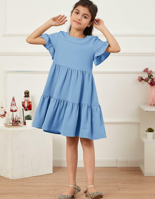 Load image into Gallery viewer, Geckatte Girls Summer Floral Ruffle Short Sleeve A-Line Dress Blue Size 5-6
