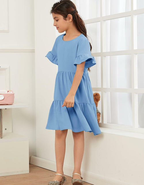 Load image into Gallery viewer, Geckatte Girls Summer Floral Ruffle Short Sleeve A-Line Dress Blue Size 5-6
