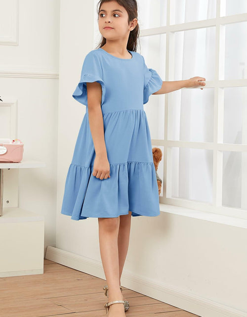 Load image into Gallery viewer, Geckatte Girls Summer Floral Ruffle Short Sleeve A-Line Dress Blue Size 5-6
