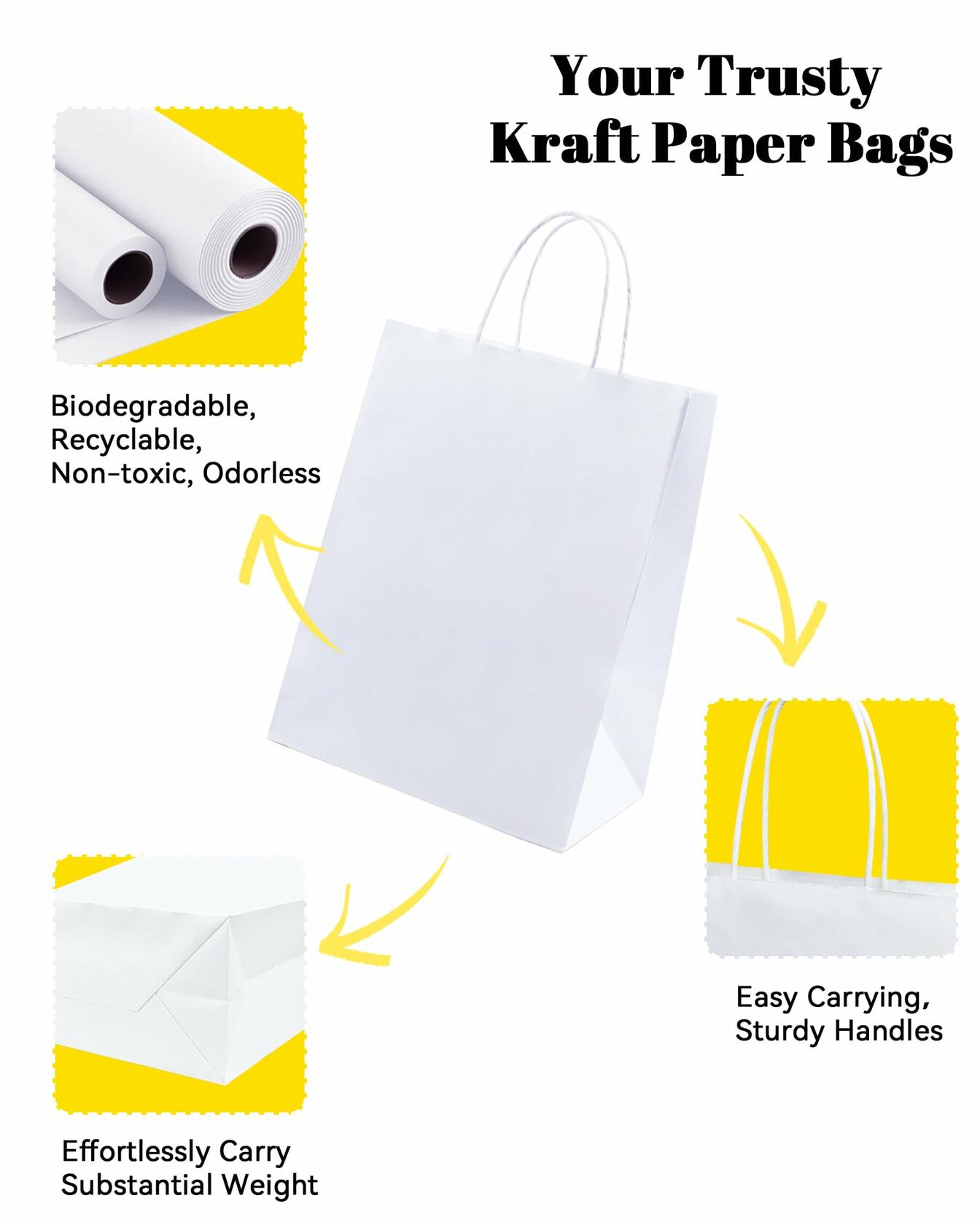 BAG BOX 50 Pack Kraft Paper Gift Bags with Handles 8.25x4.3x10.6 Inch White