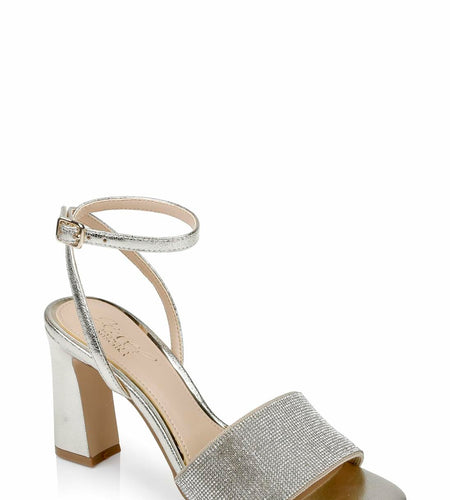 Women Silver Rhinestone Block Heel Sandals Ankle Strap Dress Shoes