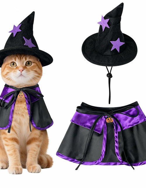 Load image into Gallery viewer, Pextian Halloween Cat Witch Costume Adjustable Black Purple Cloak Hat Size M/L
