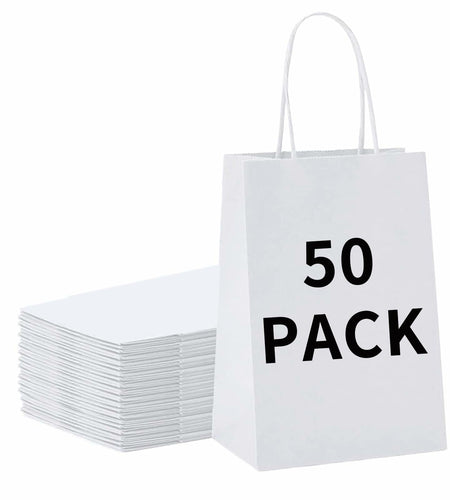 BAG BOX 50 Pack Kraft Paper Gift Bags with Handles 8.25x4.3x10.6 Inch White