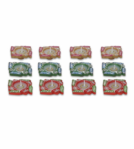 4OUR FAITH 12 Pc Multicolor Terracotta Swastik Wax Diyas Oil Lamps