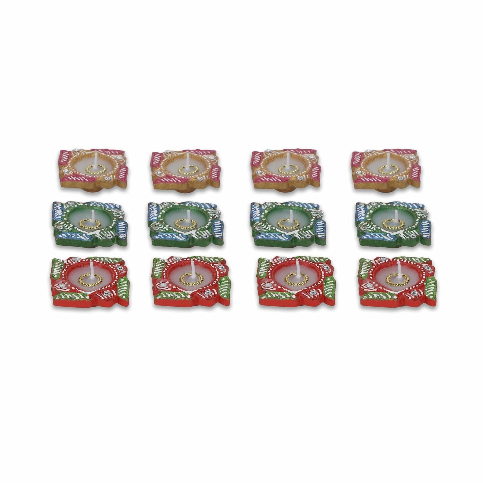4OUR FAITH 12 Pc Multicolor Terracotta Swastik Wax Diyas Oil Lamps