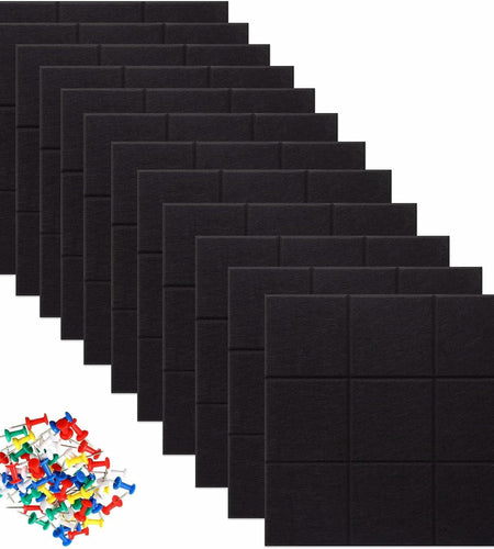 YUSALCEF 12 Pcs Large 11.8" Felt Bulletin Board Tiles Black with 60 Push Pins
