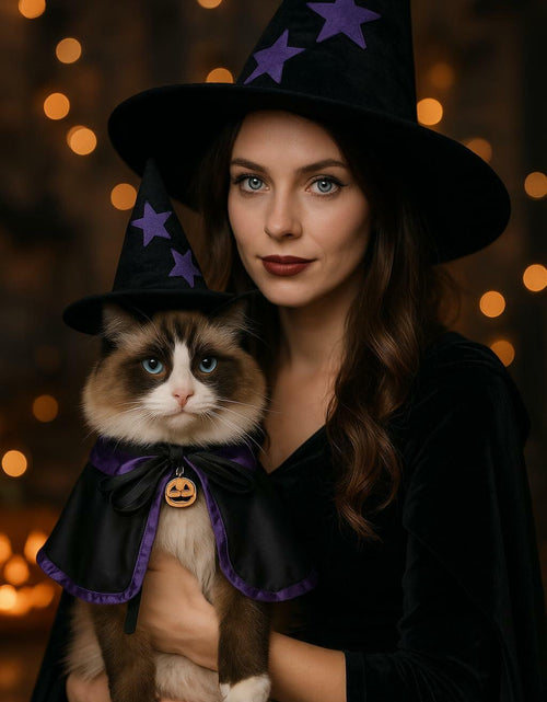 Load image into Gallery viewer, Pextian Halloween Cat Witch Costume Adjustable Black Purple Cloak Hat Size M/L
