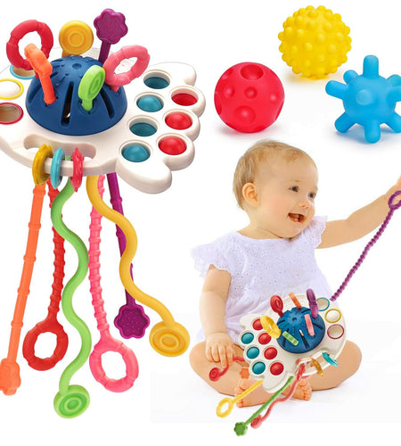 Thremhoo Montessori Silicone Baby Pull String Toy Toddler Red Blue Multi-color